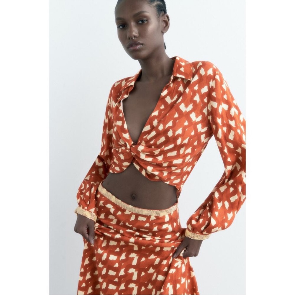 Zara Terracotta and Cream Abstract Beaded Trim Linen Blend Cropped Blouse